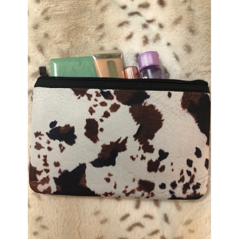 Makeup Bag Women Small Brown White Cow Print Faux Cowhide Western Pouch